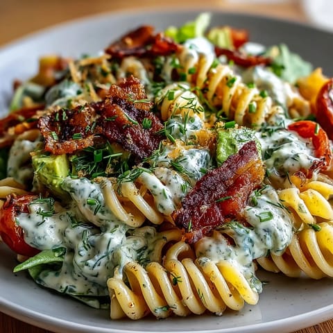 A colorful BLT pasta salad with crispy bacon, juicy tomatoes, and creamy avocado ranch dressing, perfect for summer gatherings.  