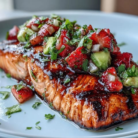 Grilled salmon with strawberry avocado salsa served on a rustic wooden platter, highlighting fresh summer flavors and vibrant colors.