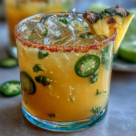 Pineapple Jalapeño Agua Fresca with vibrant chunks of pineapple and fresh jalapeño slices served over ice.  