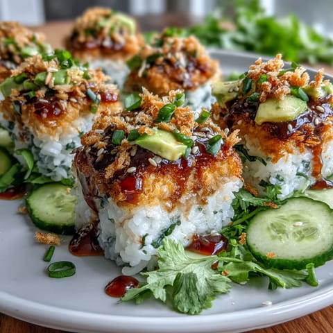 Crispy rice salad with avocado and spicy tuna, garnished with sesame seeds and fresh herbs for a bold sushi-inspired dish.