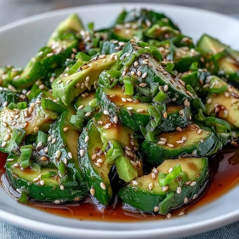 Smashed cucumber and avocado salad with sesame dressing, garnished with green onions and toasted sesame seeds.  