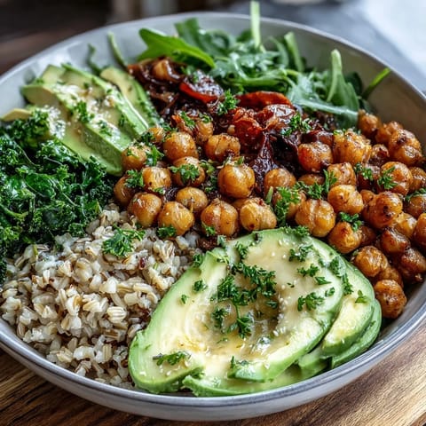 Vibrant Ancient Grains Bowl with Farro, Quinoa, and Chickpeas, artfully arranged.