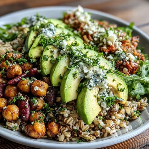 Hearty Ancient Grains Bowl overflowing with fresh, colorful vegetables and creamy avocado.