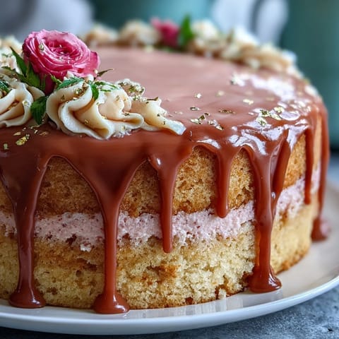Elegant bridal shower rosé velvet cake with shimmering gold drip, a divine dessert.