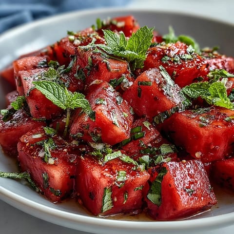 Refreshing watermelon chili lime salad with vibrant mint greens and a zesty dressing.