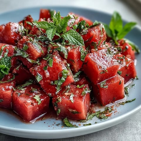 Juicy watermelon chili lime salad with a cool mint finish and a spicy kick.