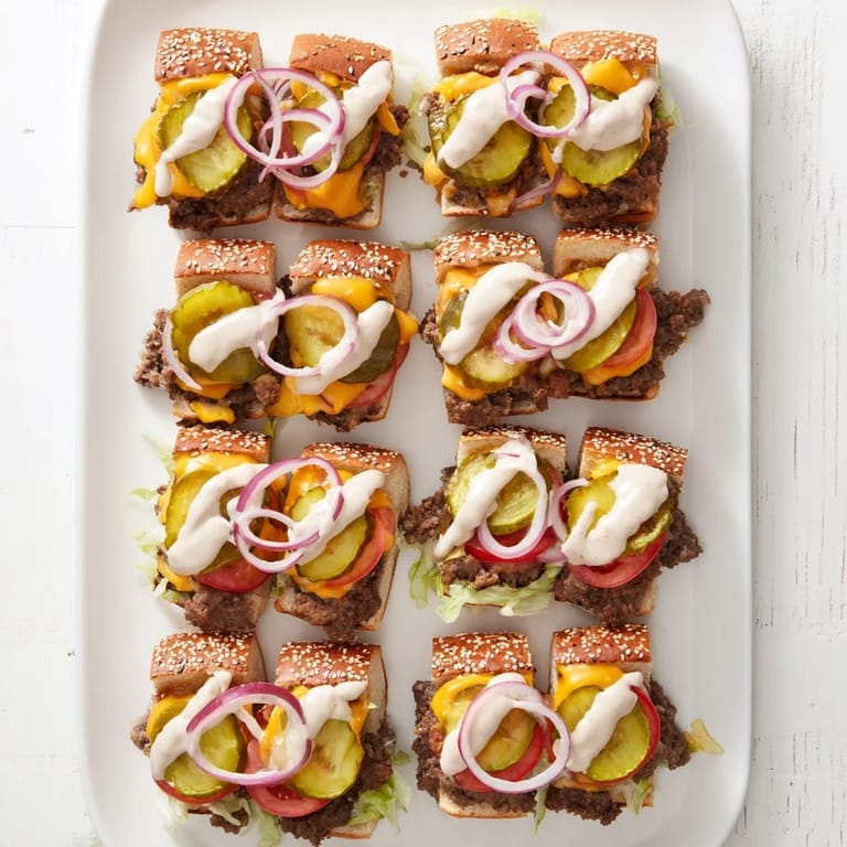 Twelve mini sliders arranged on a platter, featuring creamy special sauce, crisp lettuce, and dill pickles.