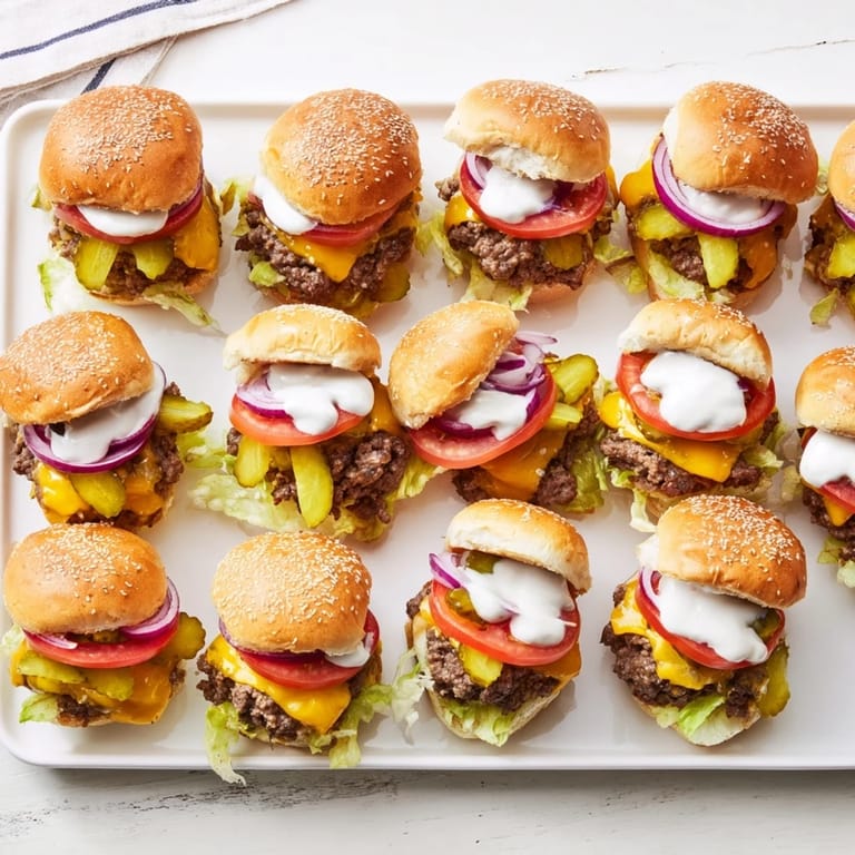 Melted cheddar melts over a grilled beef patty inside a soft slider bun for a bite-sized delight.