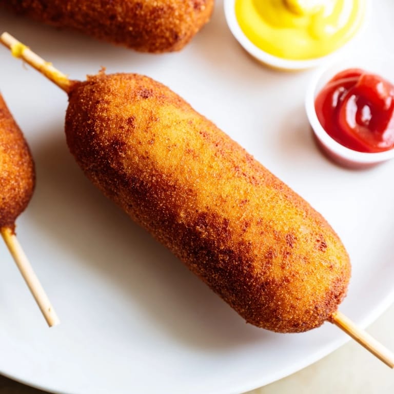 Crispy fair-style corn dogs with juicy hot dogs inside, served on paper with condiments.