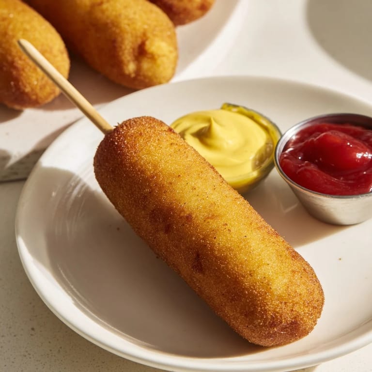 Homemade corn dogs fried golden, perfectly crispy, with sticks ready to eat.