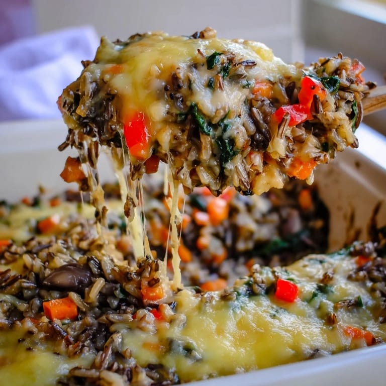 Golden-brown baked Wild Rice Casserole with mushrooms, carrots, and red bell pepper in a white casserole dish.
