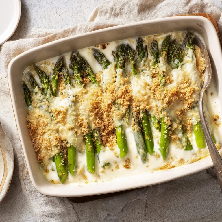 Vivid green spears in rich cheesy sauce, topped with crispy breadcrumbs for a delicious homemade Asparagus Casserole.