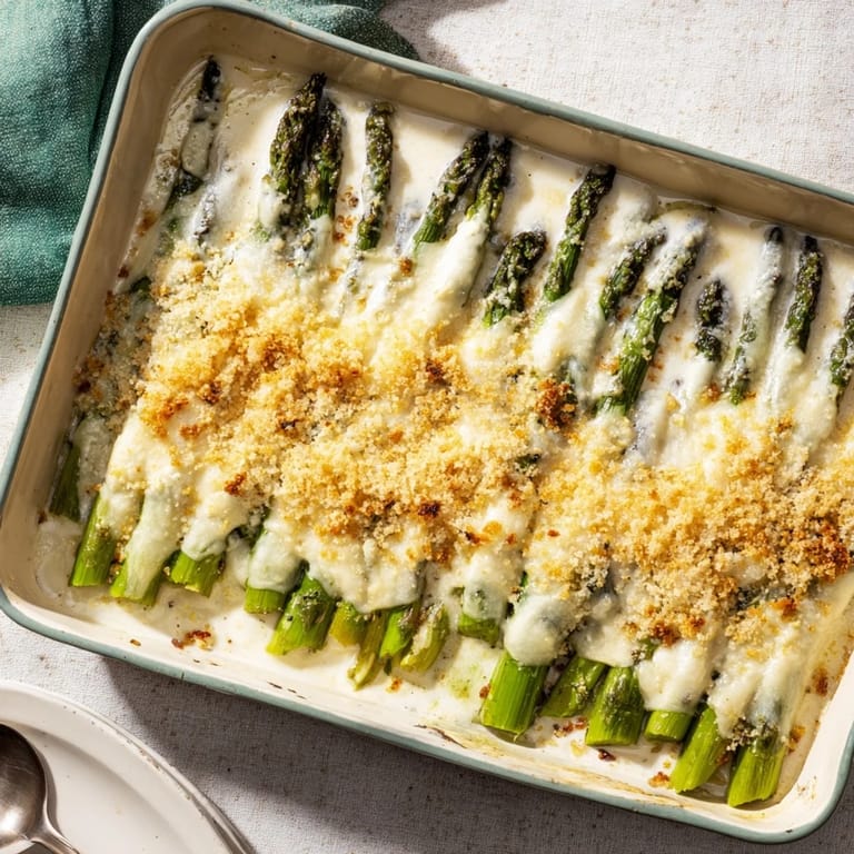 Golden brown Asparagus Casserole bubbling from the oven, served as a comforting springtime side dish at dinner.