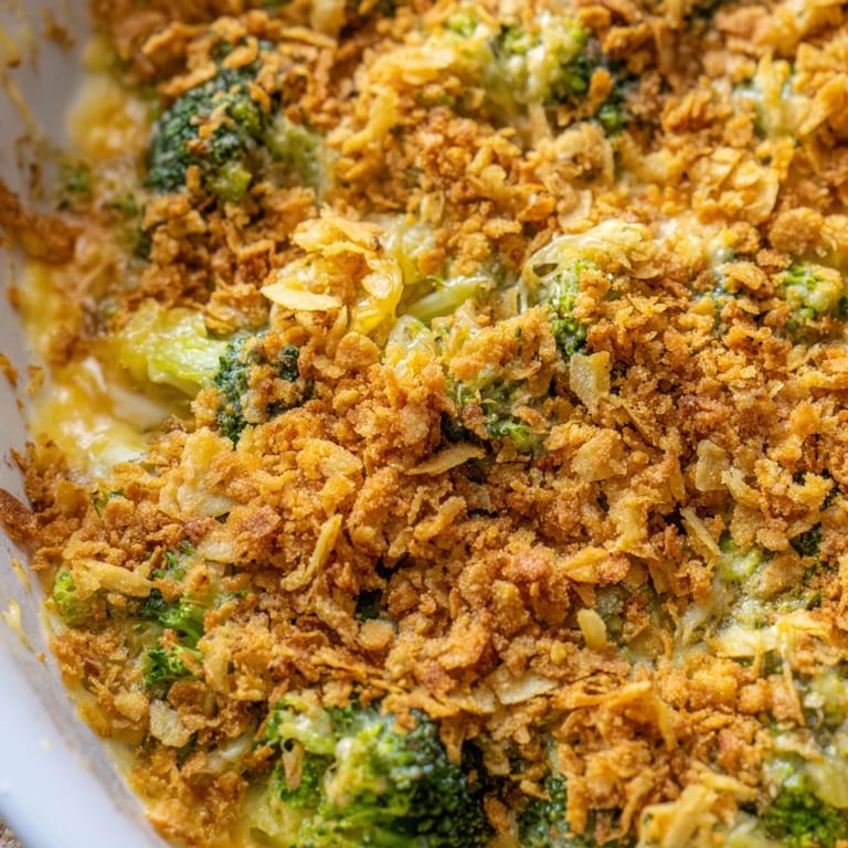 Fresh green broccoli florets are coated in rich cheese sauce under a crispy buttery topping.