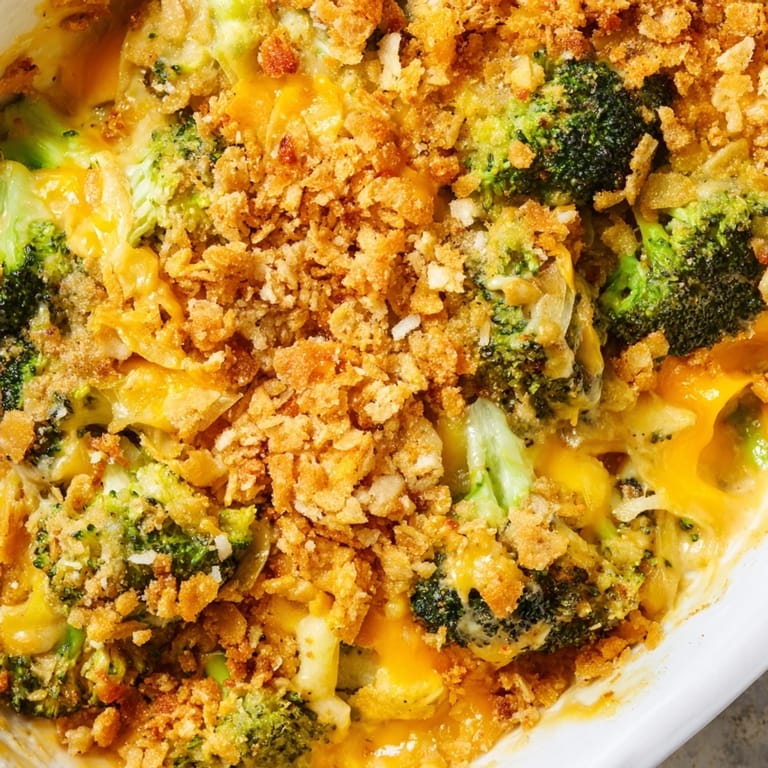 Homemade broccoli casserole served warm as a comforting vegetarian side dish for family dinner.