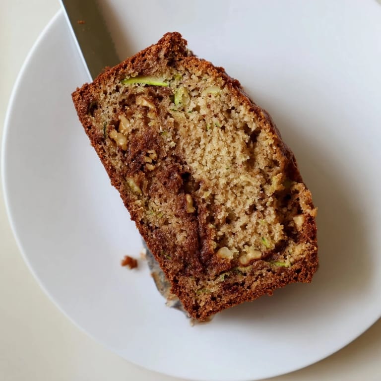 Warm Zucchini Bread slice spread with butter on a plate, cinnamon steam rising from tender, nut-studded interior.