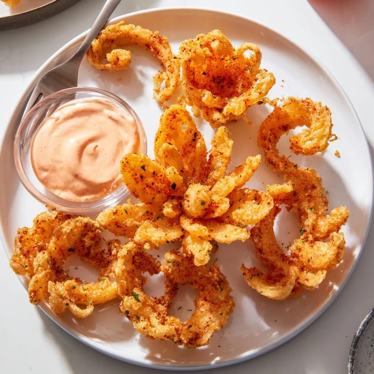Stack of onion petals with spicy dipping sauce, perfect for sharing at a game day party or casual dinner.