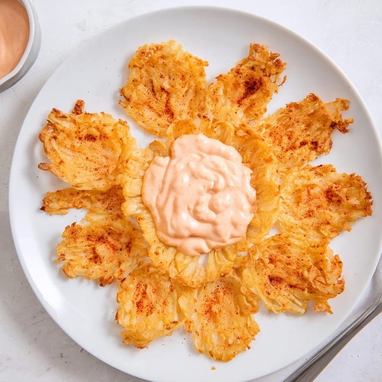 Breaded and fried onion petals on a napkin-lined basket, steam rising beside a creamy, zesty dipping sauce.