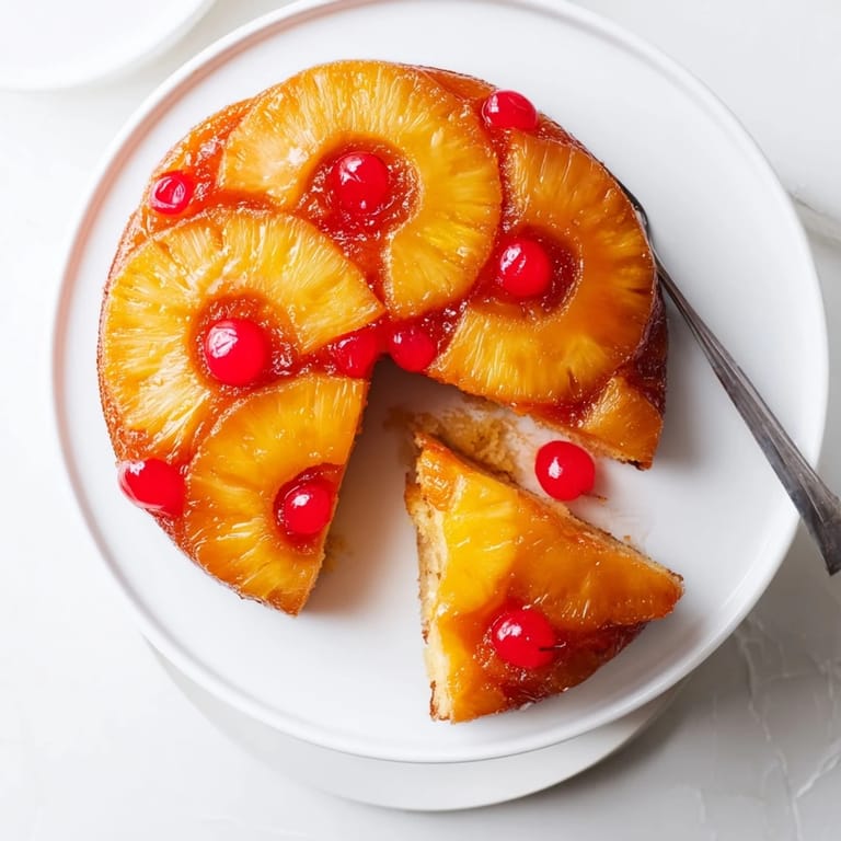 Buttery Pineapple Upside-Down Cake flipped over to reveal sticky brown sugar pineapple topping.