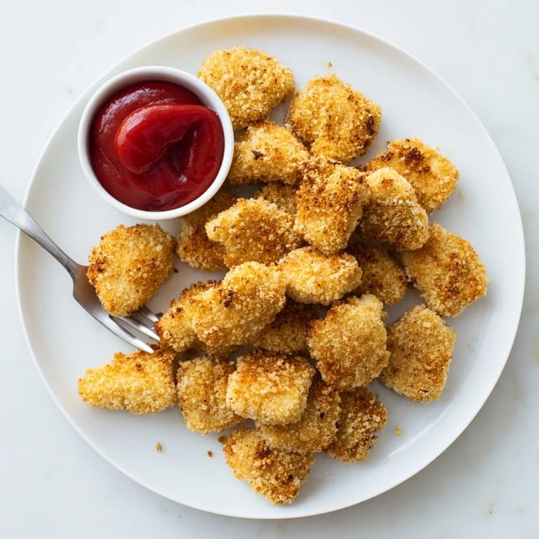 Homemade Chicken Nuggets on a plate, served with honey mustard and barbecue sauce.