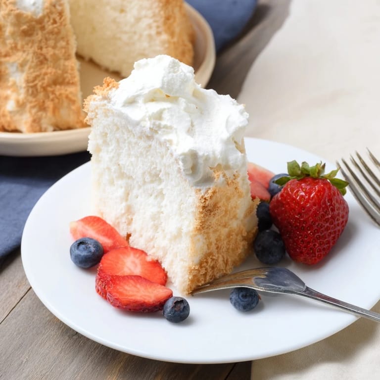 Slice of airy Angel Food Cake on a white plate, topped with mixed berries and a light dusting of powdered sugar.