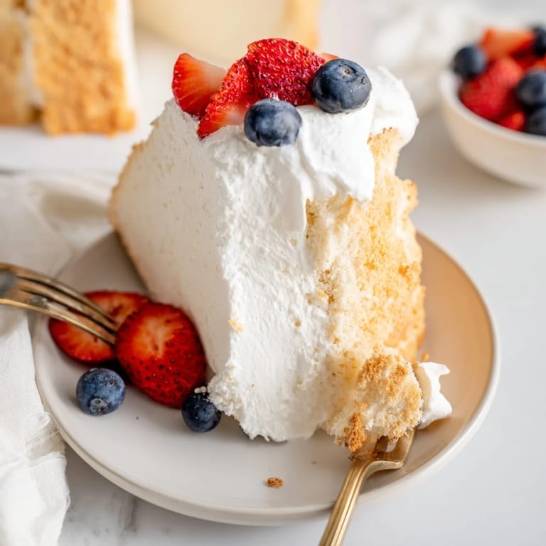 Freshly baked Angel Food Cake cooling on a wire rack, revealing its delicate crumb structure and golden brown crust.