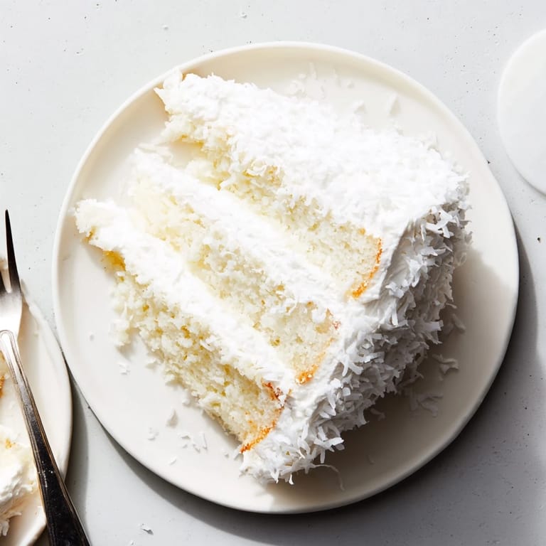 Moist Coconut Cake layered with toasted coconut, ready to serve at celebrations or afternoon tea gatherings.