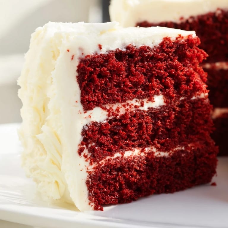 Generous swirls of cream cheese frosting cover moist red velvet cake layers.