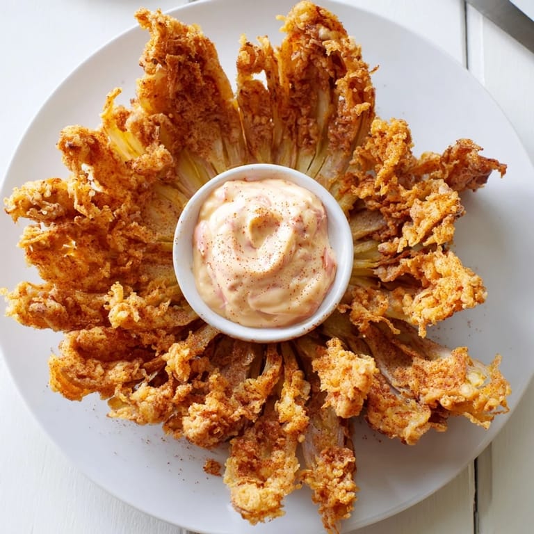A hand holds a golden, crispy petal from a freshly fried Blooming Onion, ready to be dipped into a zesty sauce.