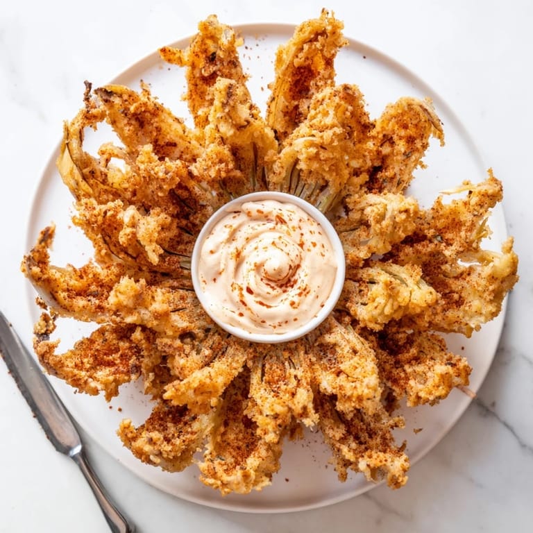 A close-up of a perfectly cooked Blooming Onion showcasing its seasoned, crunchy texture and a side of homemade dipping sauce.