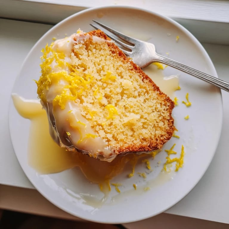 Close-up of a slice of Lemon Pound Cake revealing dense, moist texture and sunny yellow lemon zest flecks.