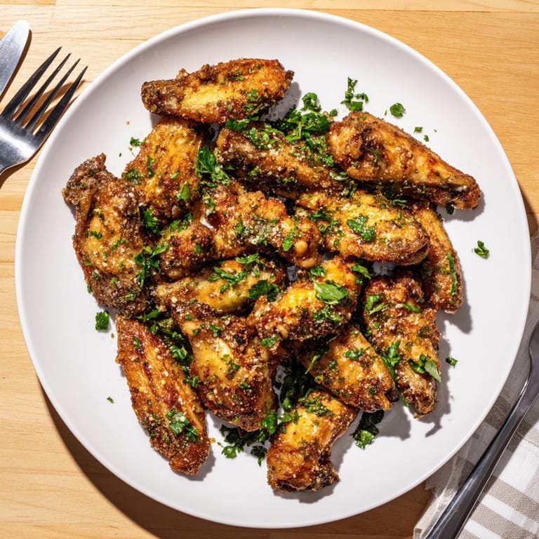 Juicy Garlic Parmesan Wings plated with celery sticks and a side of ranch, ready for game day snacking.