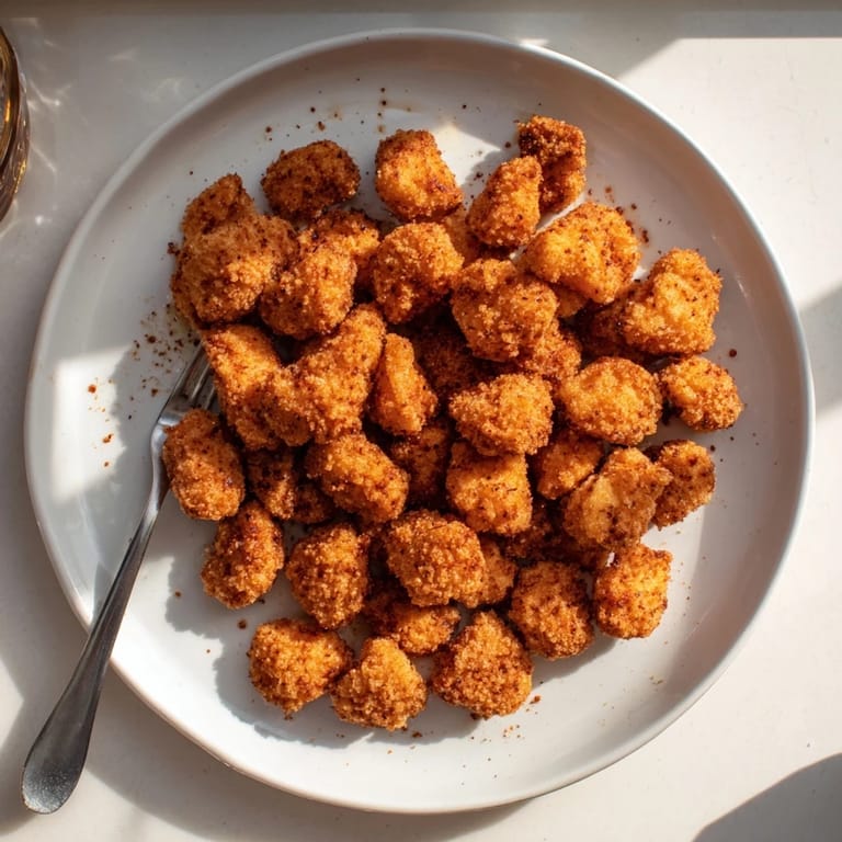 Homemade Popcorn Chicken batch featuring extra-crispy, golden-brown bites, ready to serve hot with honey mustard on the side for a family-friendly appetizer.