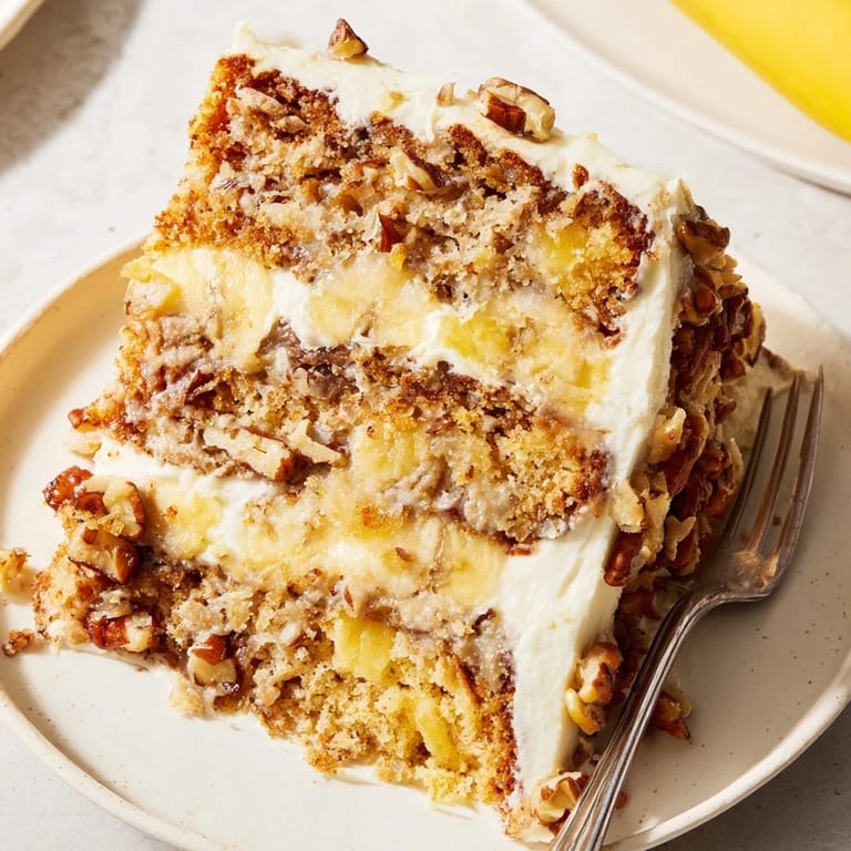 Southern-style Hummingbird Cake with fluffy cream cheese frosting, garnished with chopped pecans, set on a rustic wooden table for dessert.