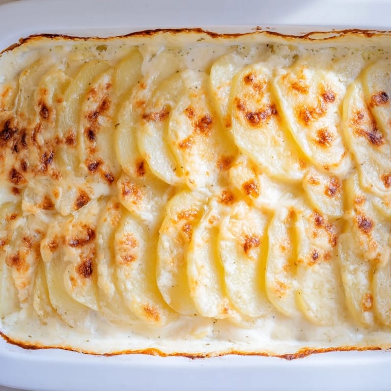 Sliced Yukon Gold potatoes in a rich garlic cream sauce, topped with bubbling Gruyère cheese crust.