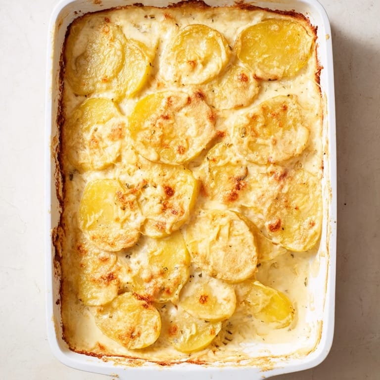 Freshly baked French Au Gratin Potatoes, a comforting side dish with a crispy golden cheese topping.