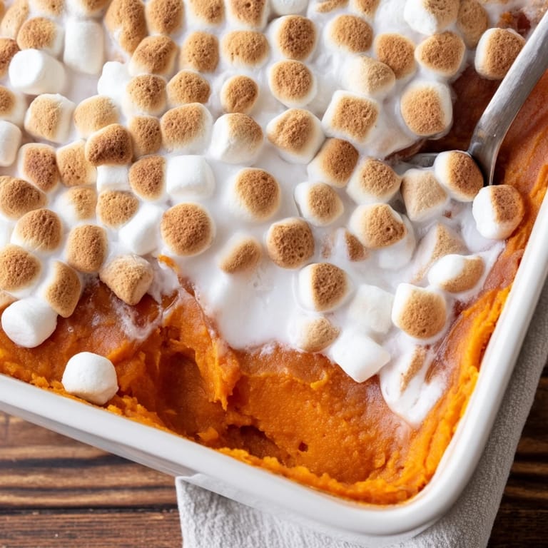 Golden-brown mini marshmallows top a rich, smooth sweet potato casserole for Thanksgiving.