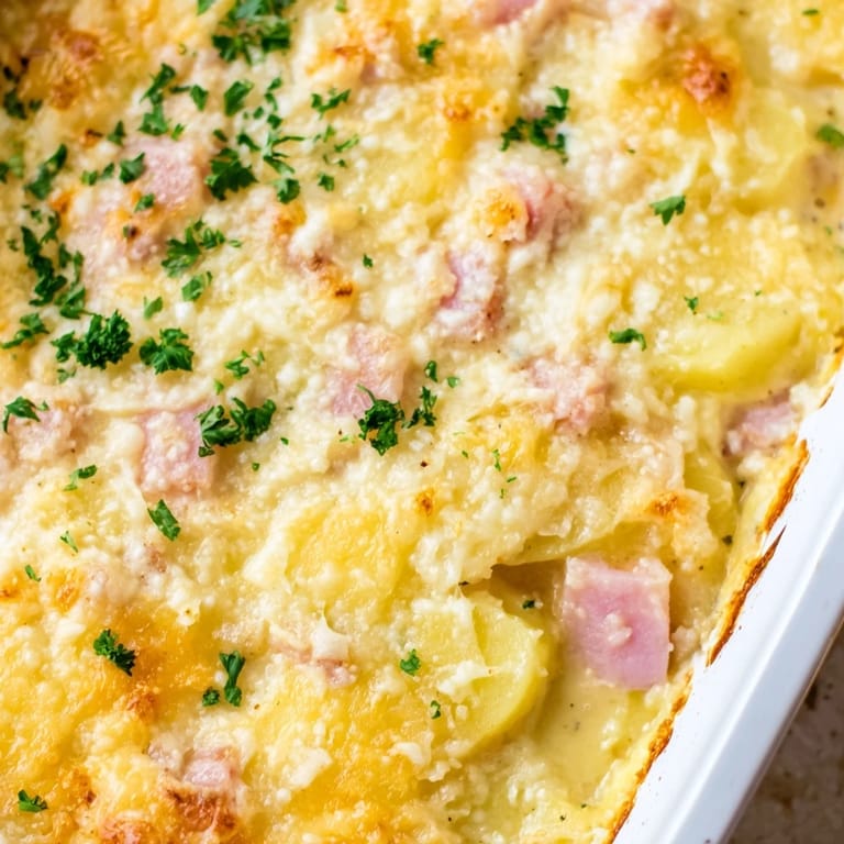 Layered Scalloped Potatoes with Ham served hot from the casserole dish for a family dinner.