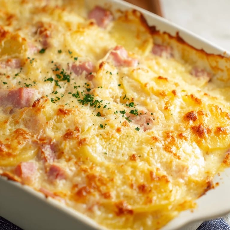 Close-up of Scalloped Potatoes with Ham featuring tender potato slices and savory ham in cheese sauce.