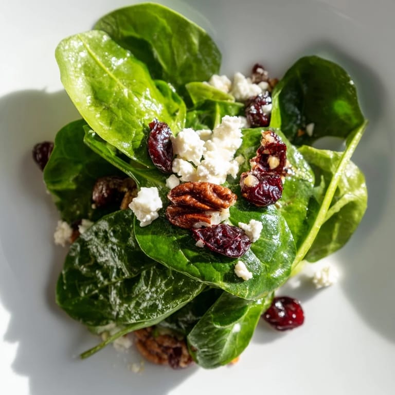 A close-up of the Spinach Goat Cheese Salad shows glistening balsamic dressing coating the tender spinach, with crumbled goat cheese melting slightly and sweet cranberries and pecans adding texture to every bite.