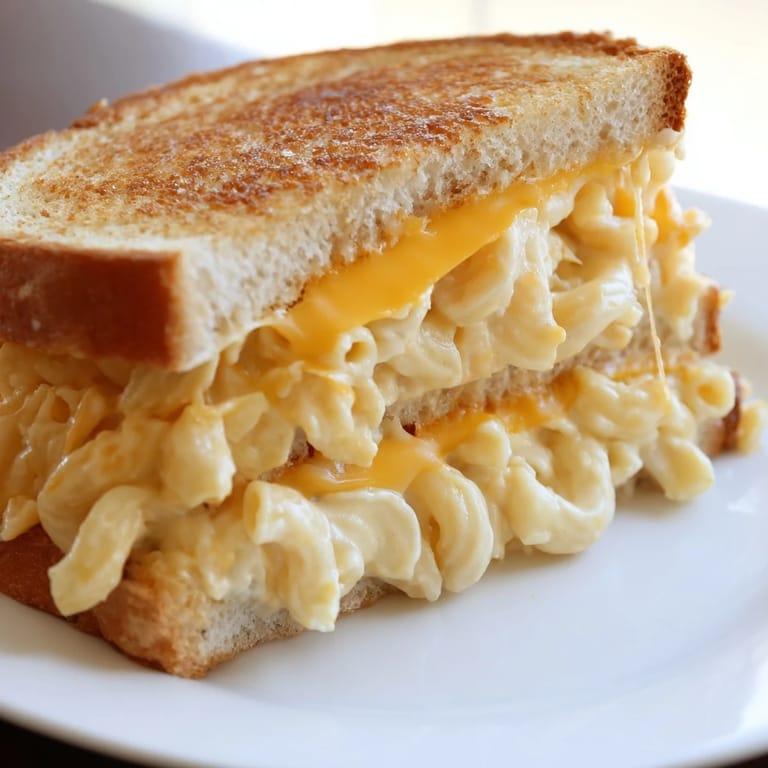 Served hot, this Mac & Cheese Grilled Cheese sandwich offers a decadent, comforting bite perfect for pairing with tomato soup.