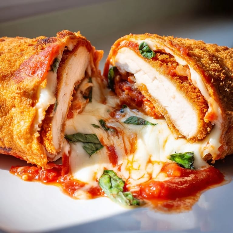 A close-up of a Crispy Chicken Parm Wrap cut in half, revealing layers of crispy chicken, tangy tomato sauce, and melted cheese.