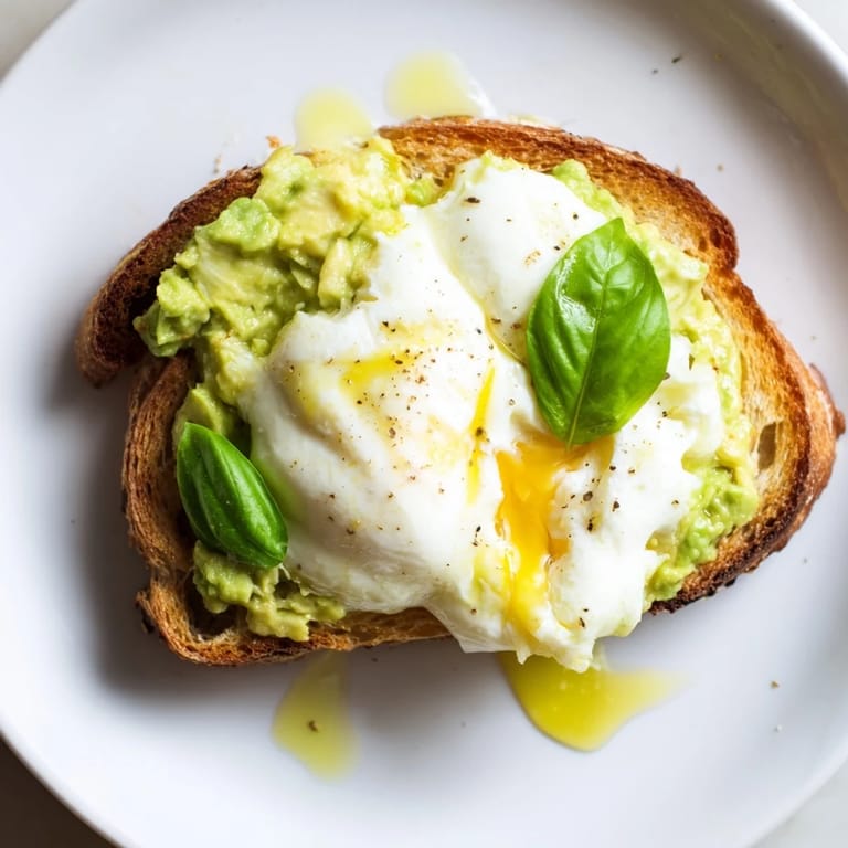 Fresh basil leaves and a drizzle of olive oil top this warm, open-faced tartine, served hot and ready for a light lunch.