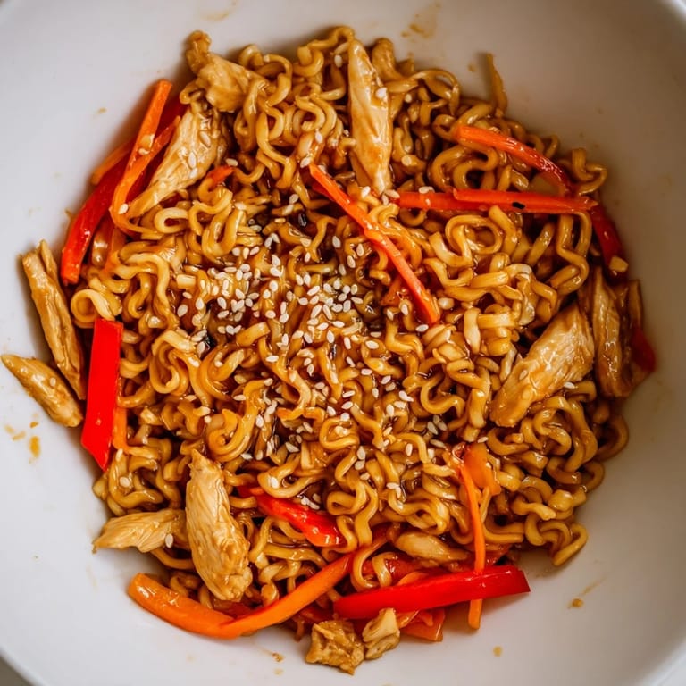 Garnished with sesame seeds, this quick Spicy Ramen Stir-Fry fills a white bowl with bold colors and inviting, saucy noodles.