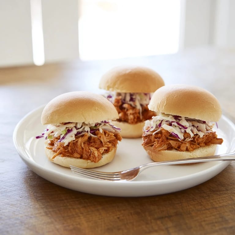 Soft slider buns cradling tender, smoky BBQ chicken and fresh, creamy coleslaw for a party platter.