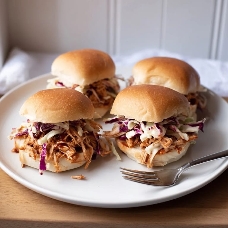 Juicy pulled BBQ chicken sliders topped with crisp vegetables and served on a wooden board for a game day feast.