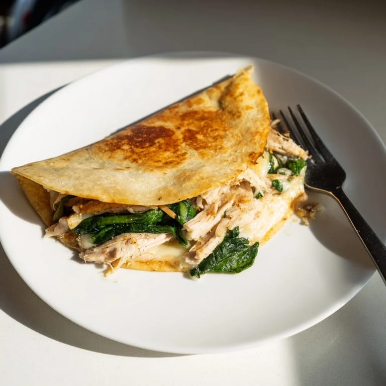 A close-up of a Chicken and Spinach Quesadilla shows juicy chicken and wilted spinach tucked inside a grilled flour tortilla.