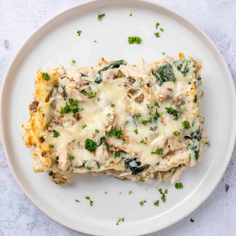 A slice of Chicken Alfredo Lasagna on a white plate, showing gooey cheese and rich Alfredo sauce.