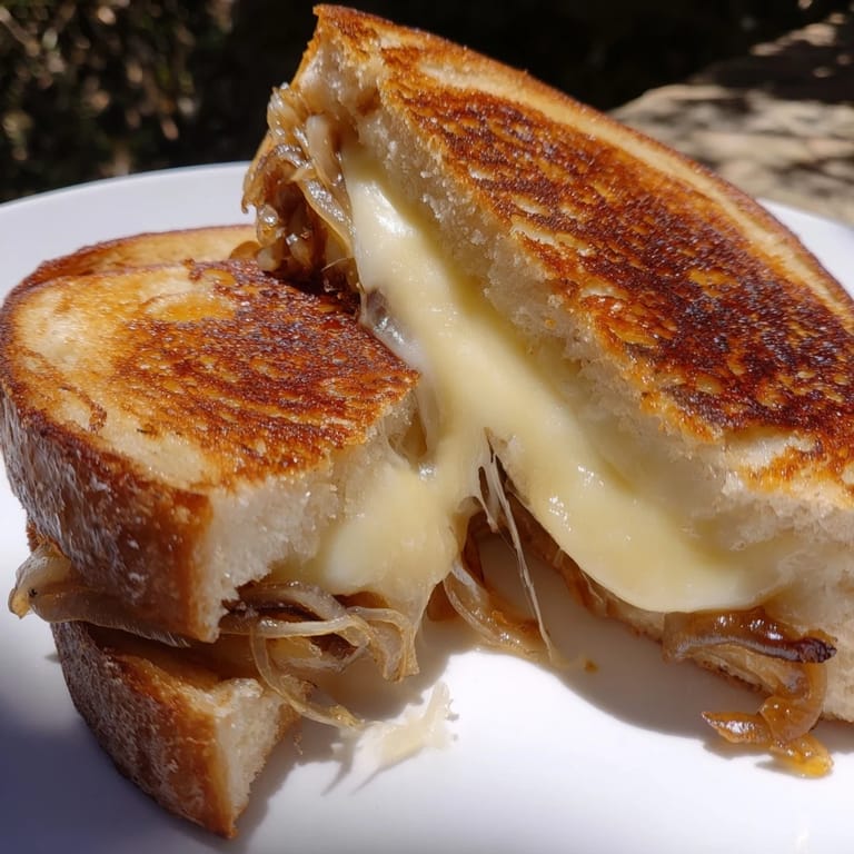 A warm Caramelized Onion & Gruyère Grilled Cheese is cut diagonally, revealing layers of nutty cheese and savory onions, ready to be dipped in tomato soup.