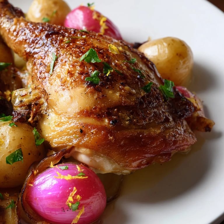 Juicy chicken thighs, caramelized baby potatoes, and sweet roasted radishes from this Roasted Radish & Chicken Sheet Pan dinner, ready to serve.